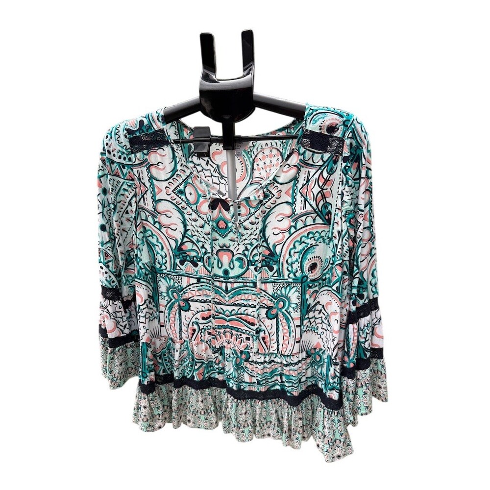 Crown & Ivy Blouse Womens 1X Teal Pink Paisley Boho Peasant 3/4 Sleeve